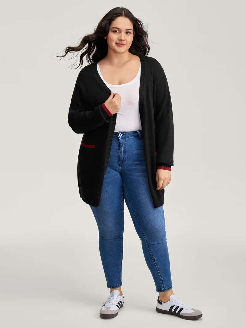 Lobster Jacquard Pockets Color Block Knit Cardigan