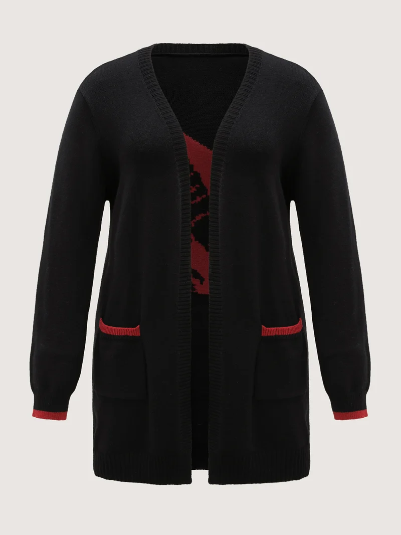 Lobster Jacquard Pockets Color Block Knit Cardigan