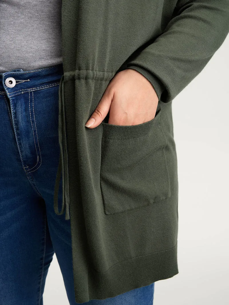 Hooded Drawstring Waist Pockets Knit Cardigan