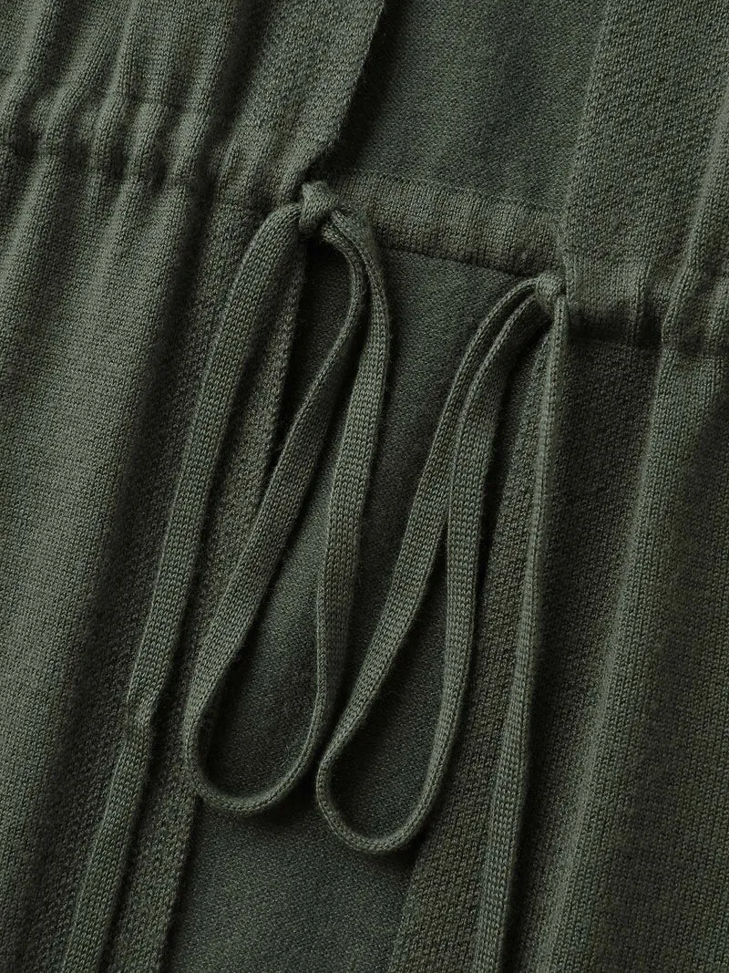 Hooded Drawstring Waist Pockets Knit Cardigan