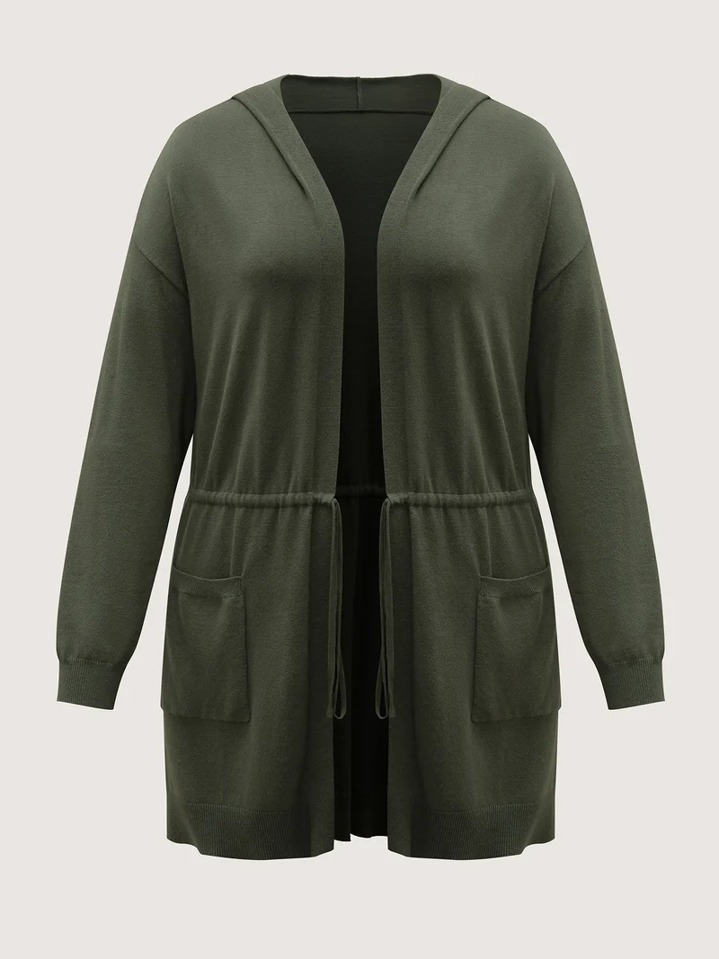 Hooded Drawstring Waist Pockets Knit Cardigan