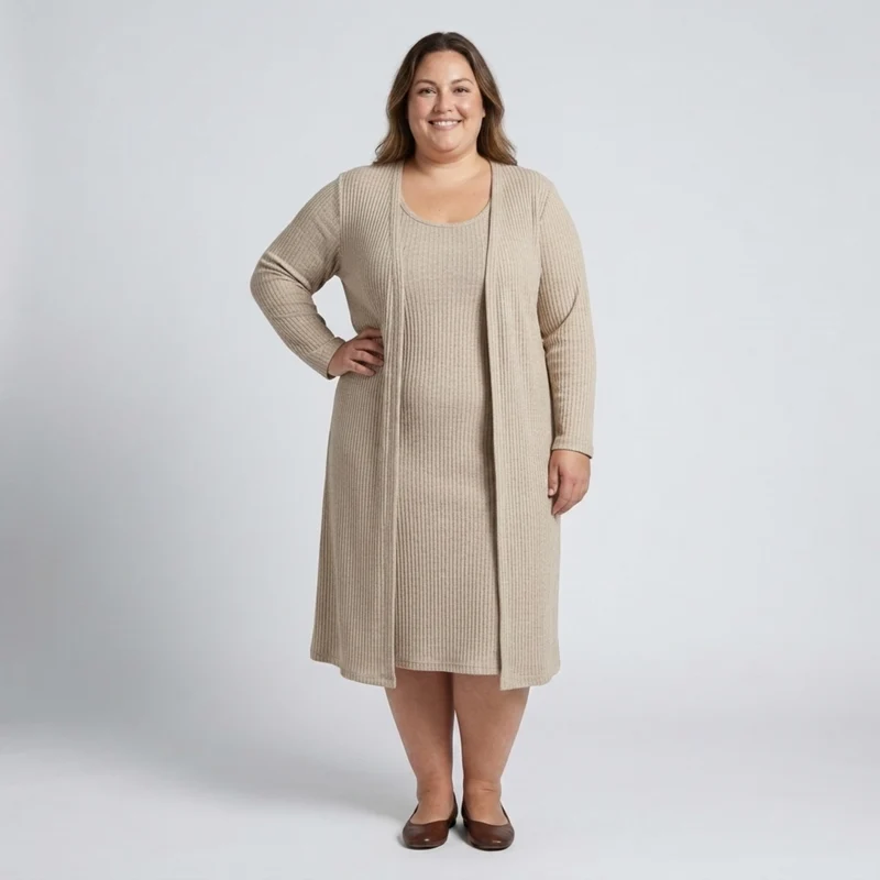 Ensemble grande taille robe sans manches et gilet long assorti en maille texturée