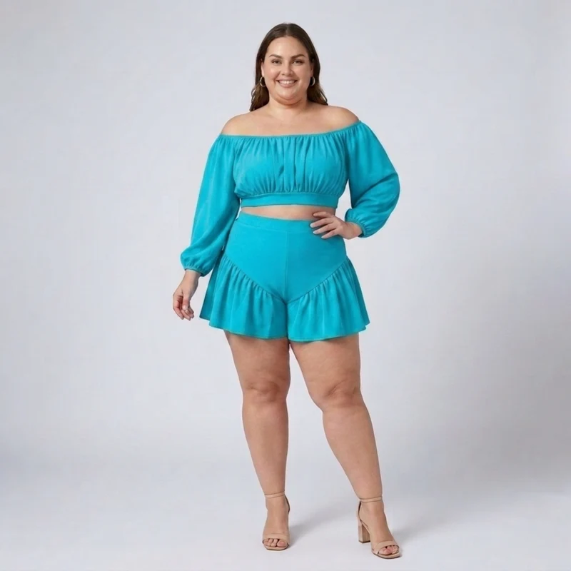 Ensemble grande taille haut épaules dénudées et short à volants