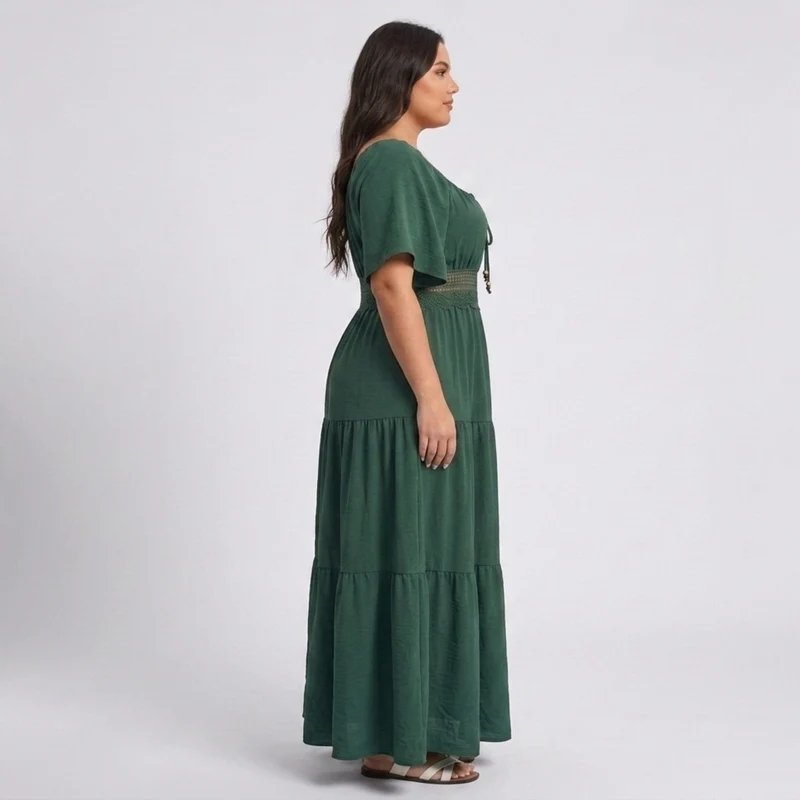 Robe longue grande taille imprimée champêtre à col carré et manches papillon