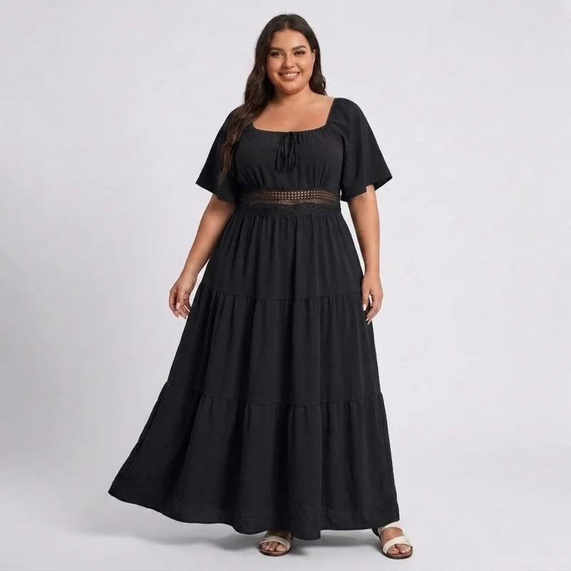 Robe longue grande taille imprimée champêtre à col carré et manches papillon