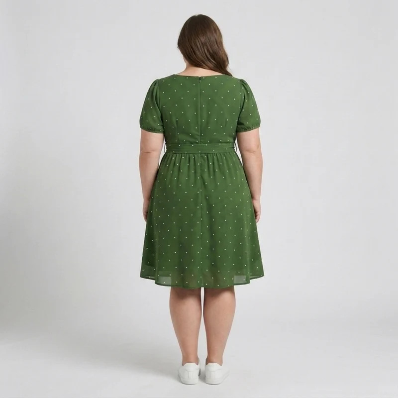 Robe patineuse grande taille pour femme à pois avec col carré et manches bouffantes