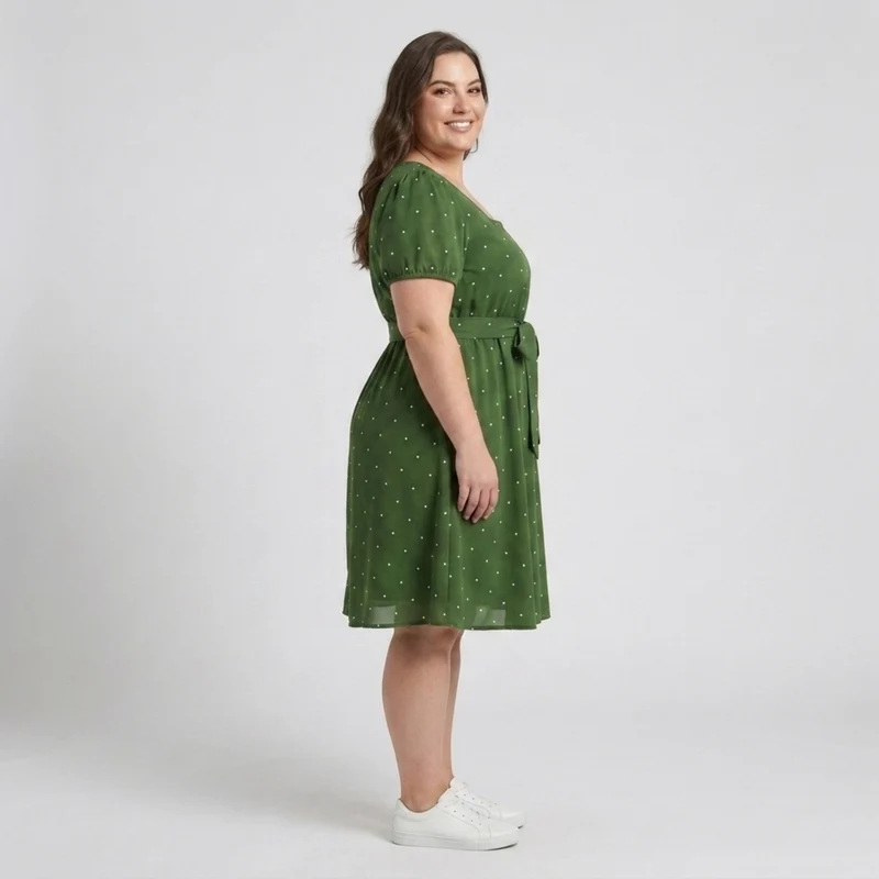 Robe patineuse grande taille pour femme à pois avec col carré et manches bouffantes
