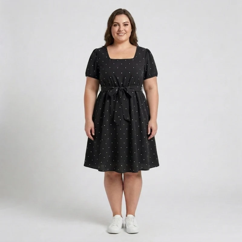 Robe patineuse grande taille pour femme à pois avec col carré et manches bouffantes
