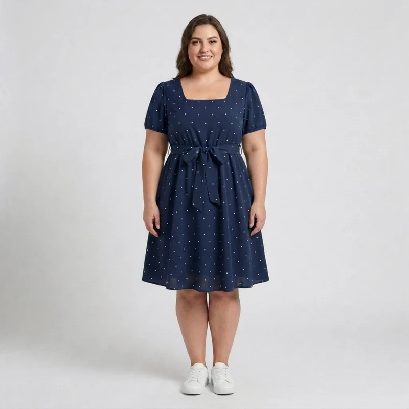 Robe patineuse grande taille pour femme à pois avec col carré et manches bouffantes