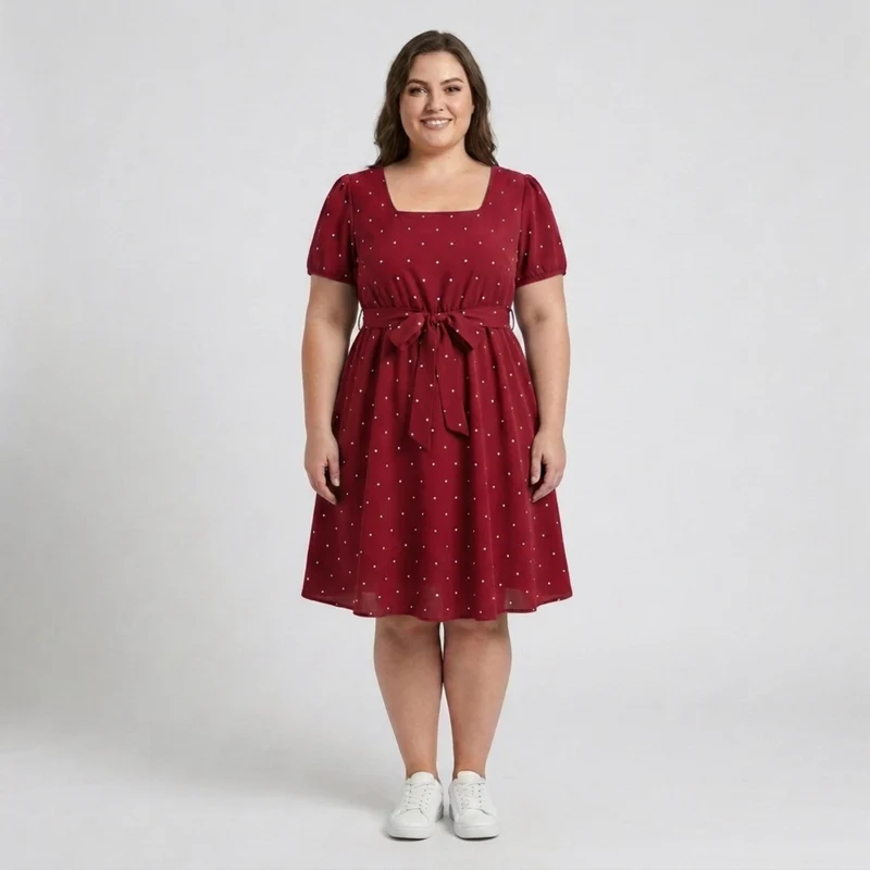 Robe patineuse grande taille pour femme à pois avec col carré et manches bouffantes