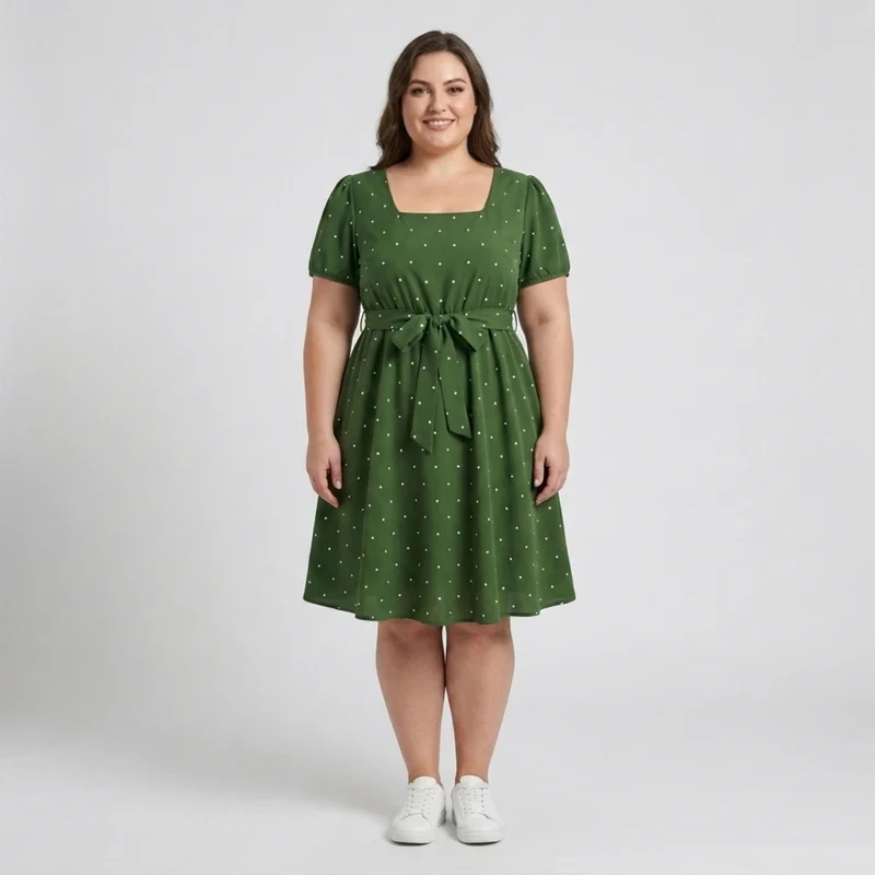 Robe patineuse grande taille pour femme à pois avec col carré et manches bouffantes