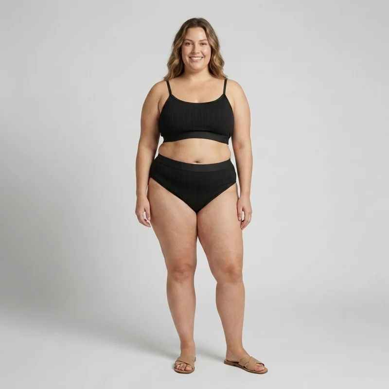 Bikini deux pièces grande taille pour femme maillot de bain taille haute côtelé