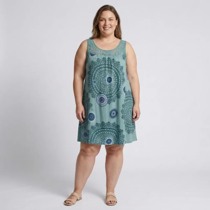 Robe d'été grande taille pour femme en coton imprimé vintage avec détails en dentelle