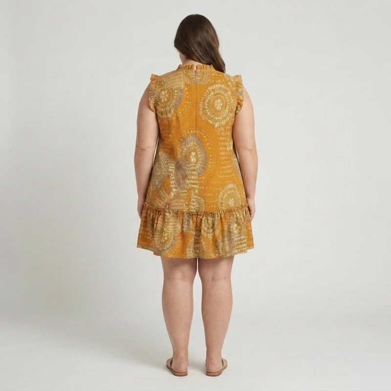 Robe mi-longue grande taille pour femme à col rond et ourlet froncé