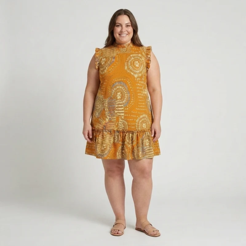 Robe mi-longue grande taille pour femme à col rond et ourlet froncé