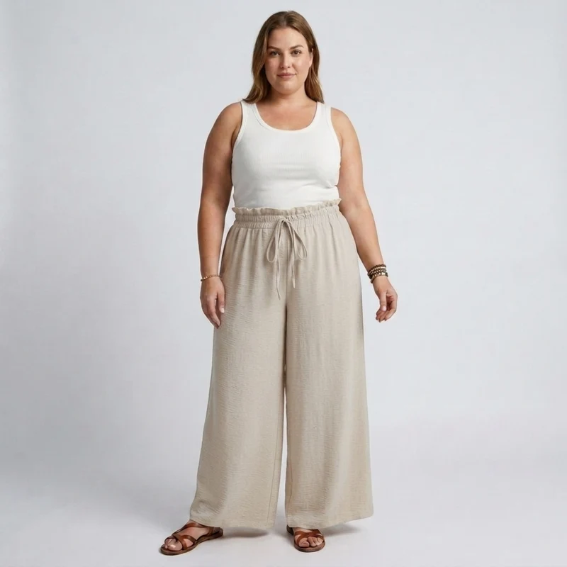 Pantalon large grande taille pour femme à taille élastique et cordon