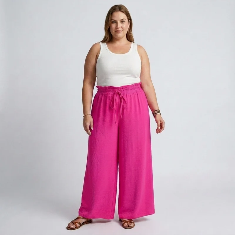 Pantalon large grande taille pour femme à taille élastique et cordon