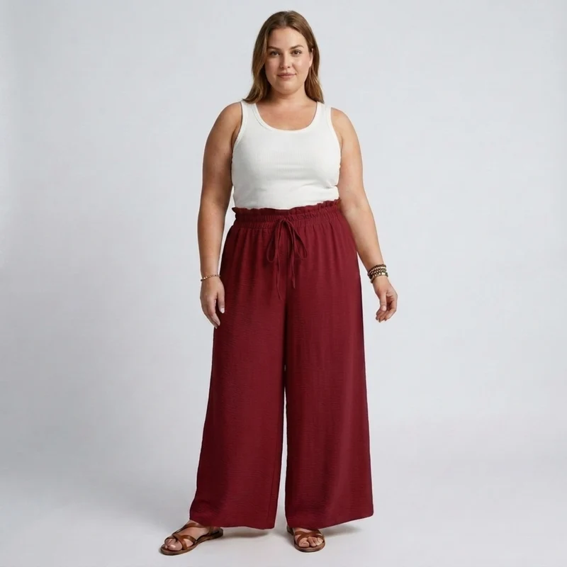 Pantalon large grande taille pour femme à taille élastique et cordon