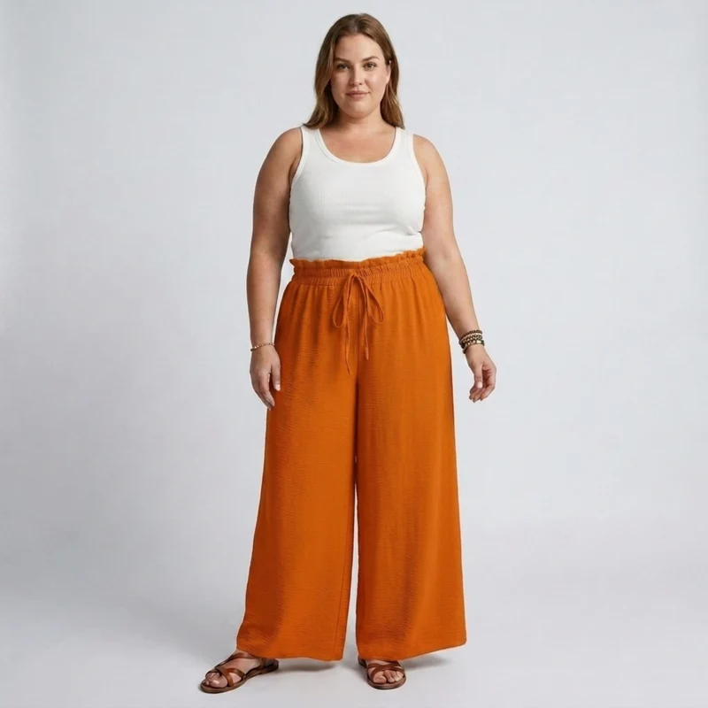 Pantalon large grande taille pour femme à taille élastique et cordon