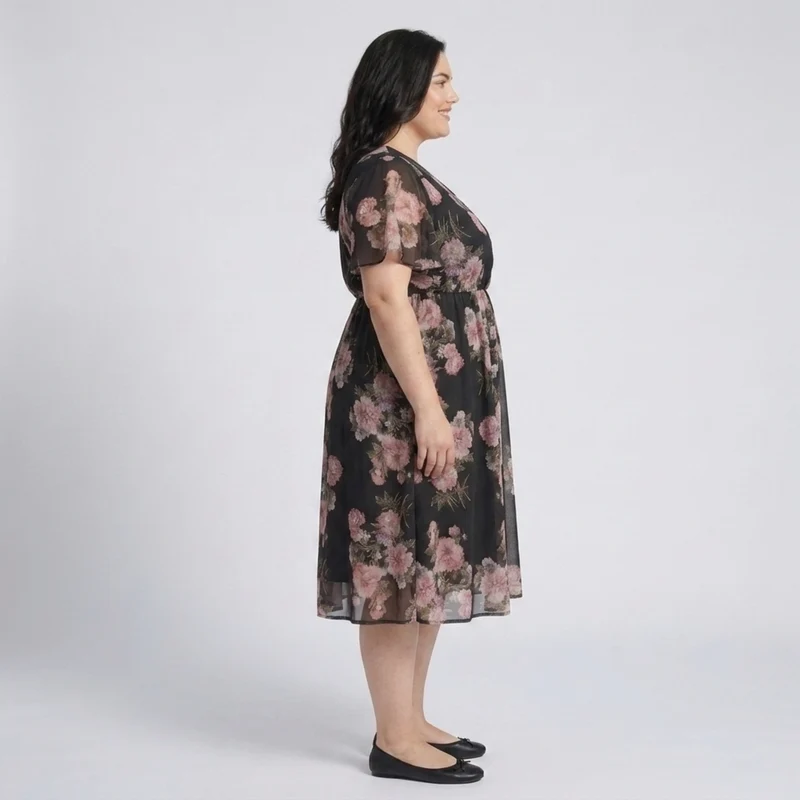 Robe mi-longue grande taille pour femme à col croisé et manches papillon