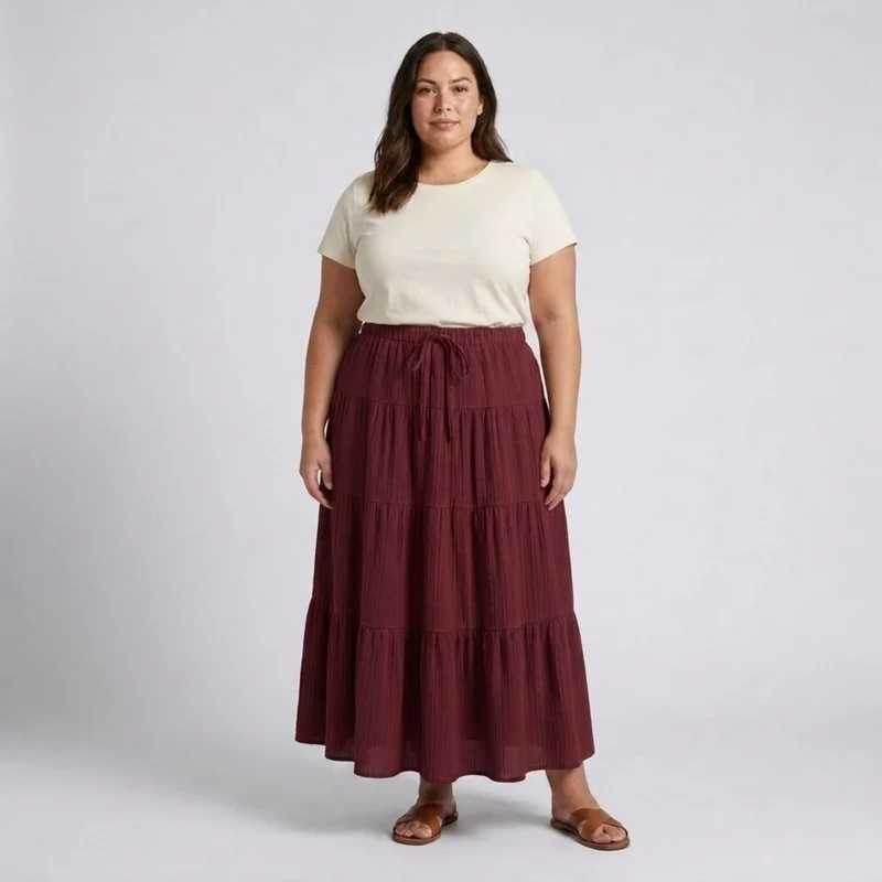 Jupe longue grande taille pour femme à panneaux et cordon de serrage
