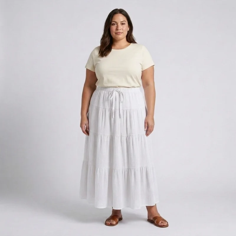 Jupe longue grande taille pour femme à panneaux et cordon de serrage