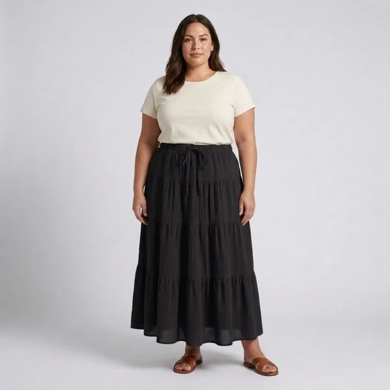 Jupe longue grande taille pour femme à panneaux et cordon de serrage