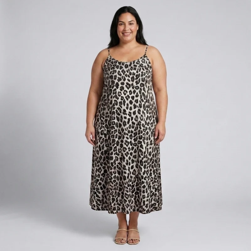 Robe longue grande taille pour femme à bretelles imprimé léopard