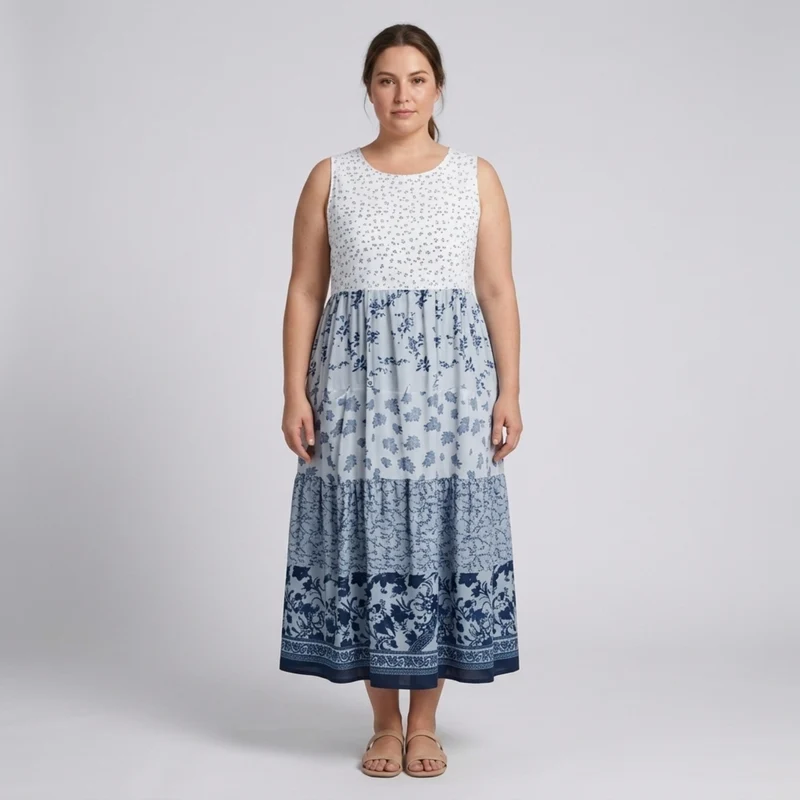 Robe longue grande taille pour femme style hawaïen à col rond