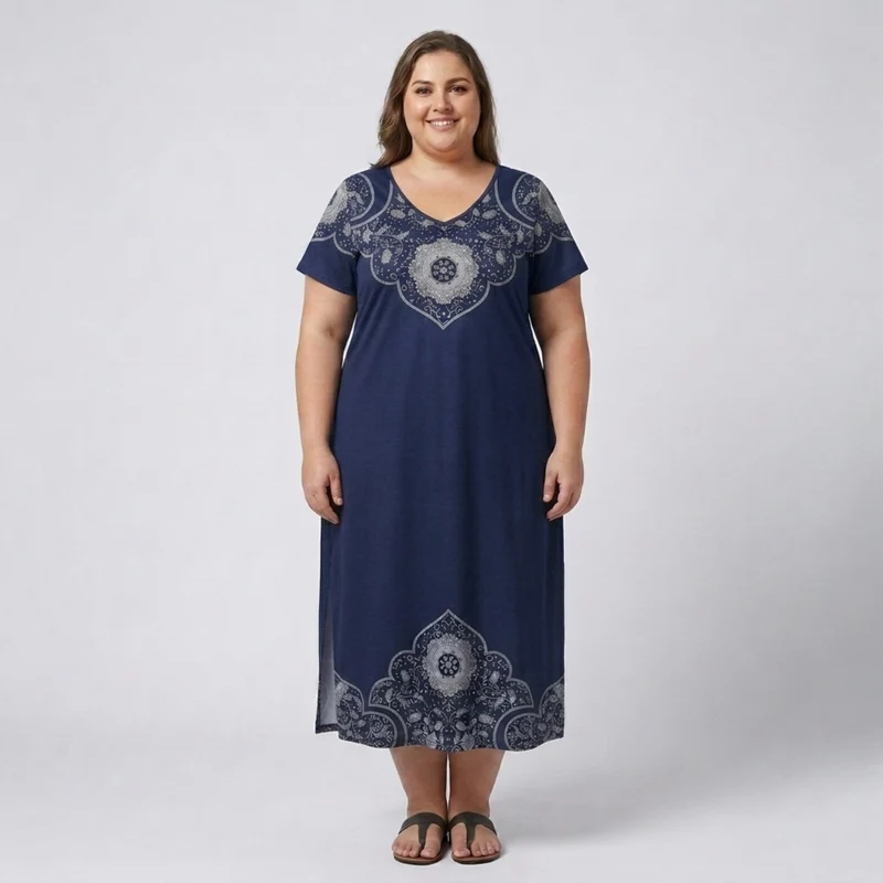 Robe longue grande taille pour femme imprimée à col en V