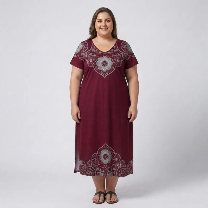 Robe longue grande taille pour femme imprimée à col en V