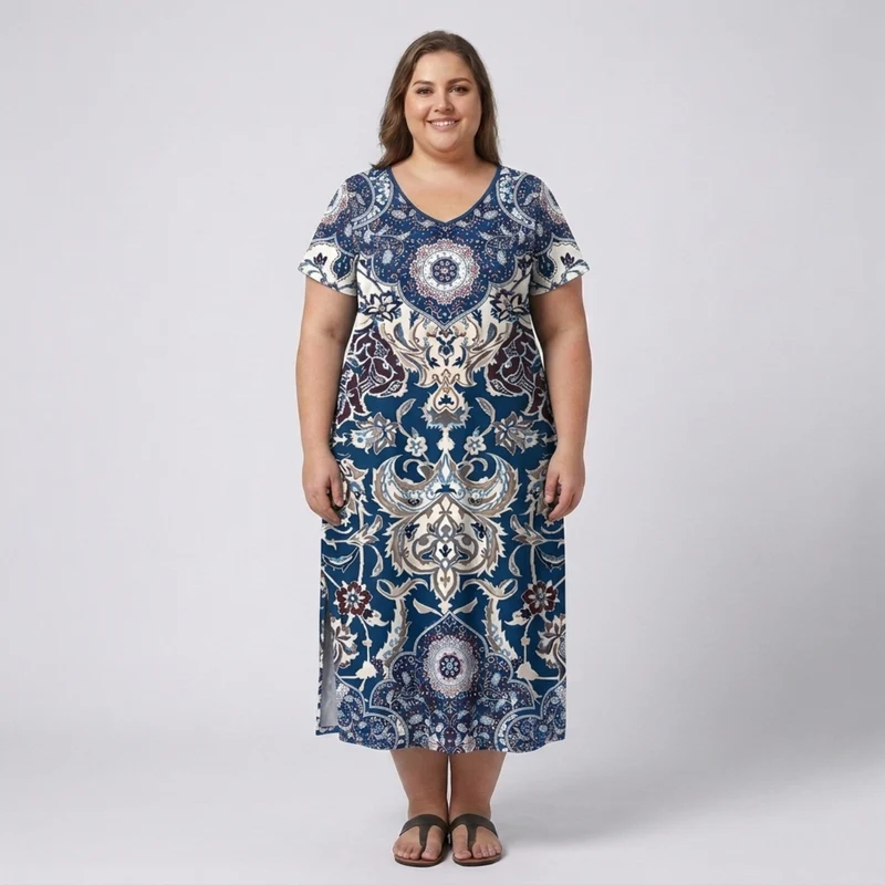 Robe longue grande taille pour femme imprimée à col en V