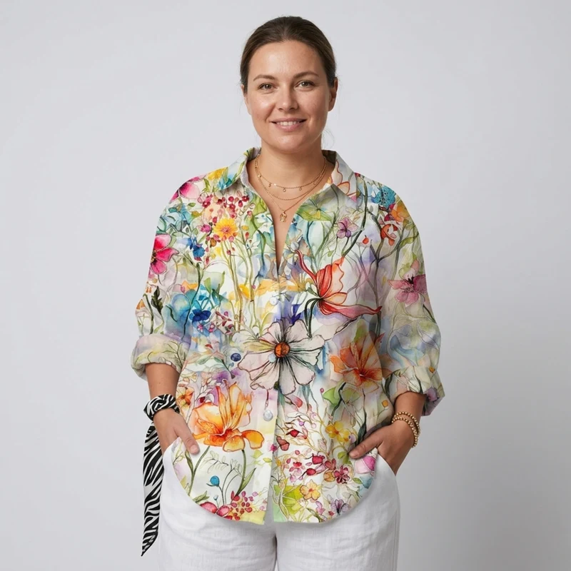 Blouse grande taille imprimé floral à manches longues pour femme