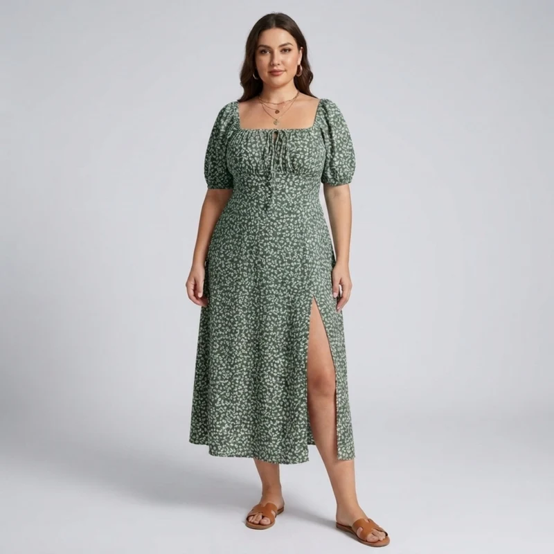 Robe longue grande taille à manches bouffantes imprimée