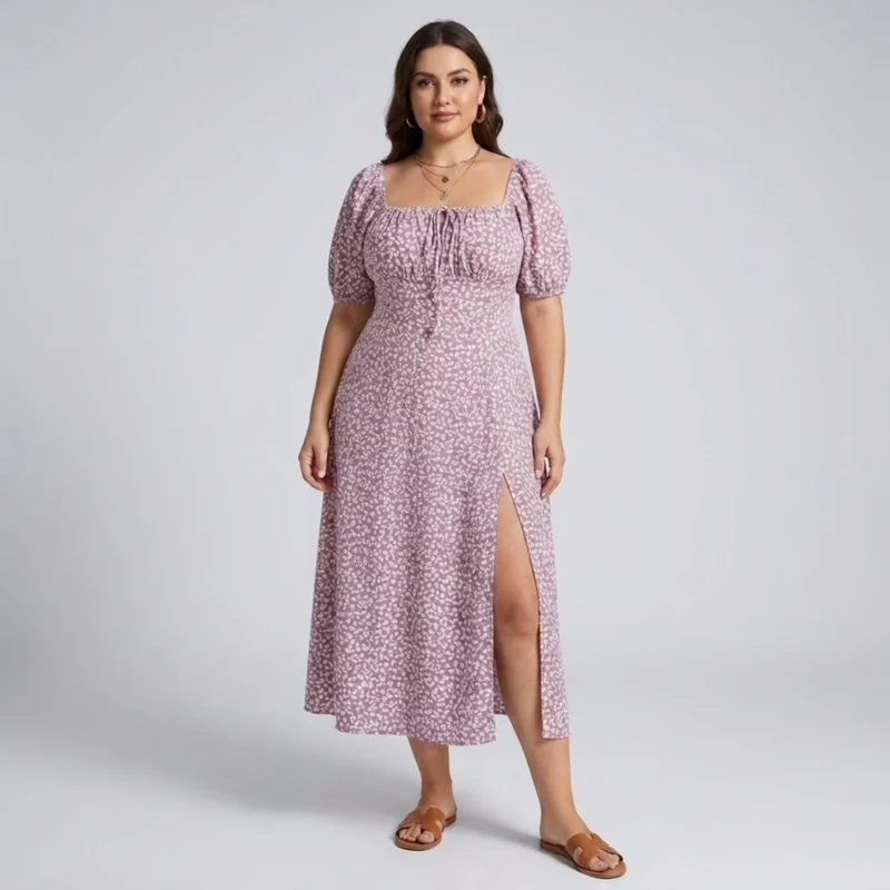 Robe longue grande taille à manches bouffantes imprimée
