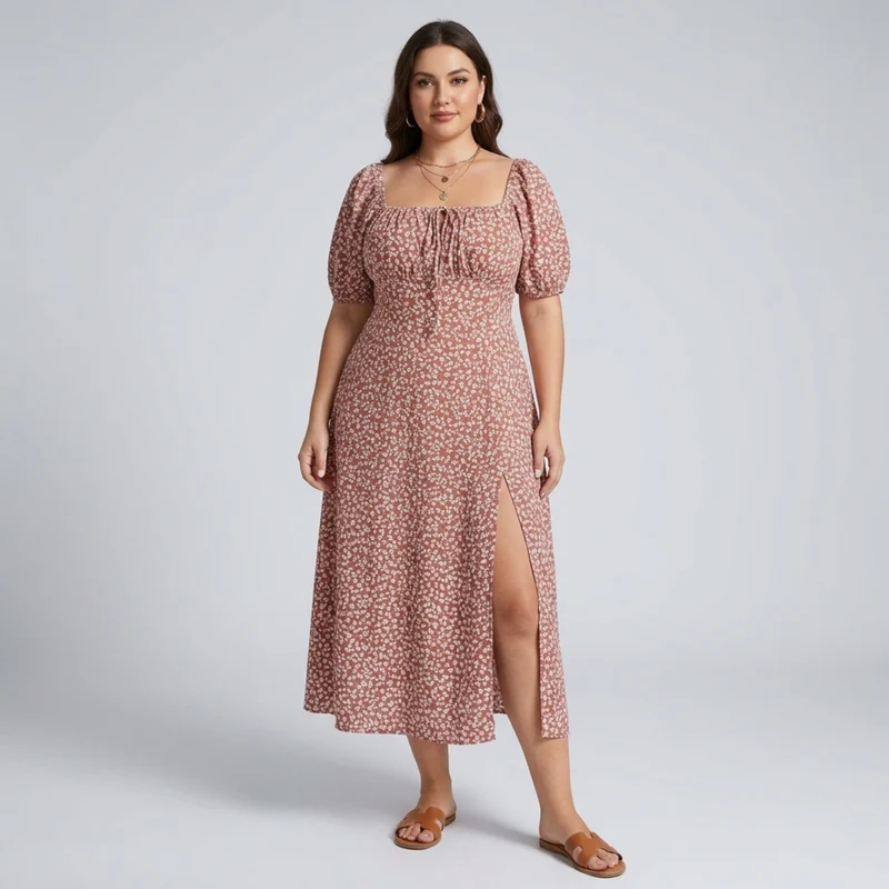 Robe longue grande taille à manches bouffantes imprimée