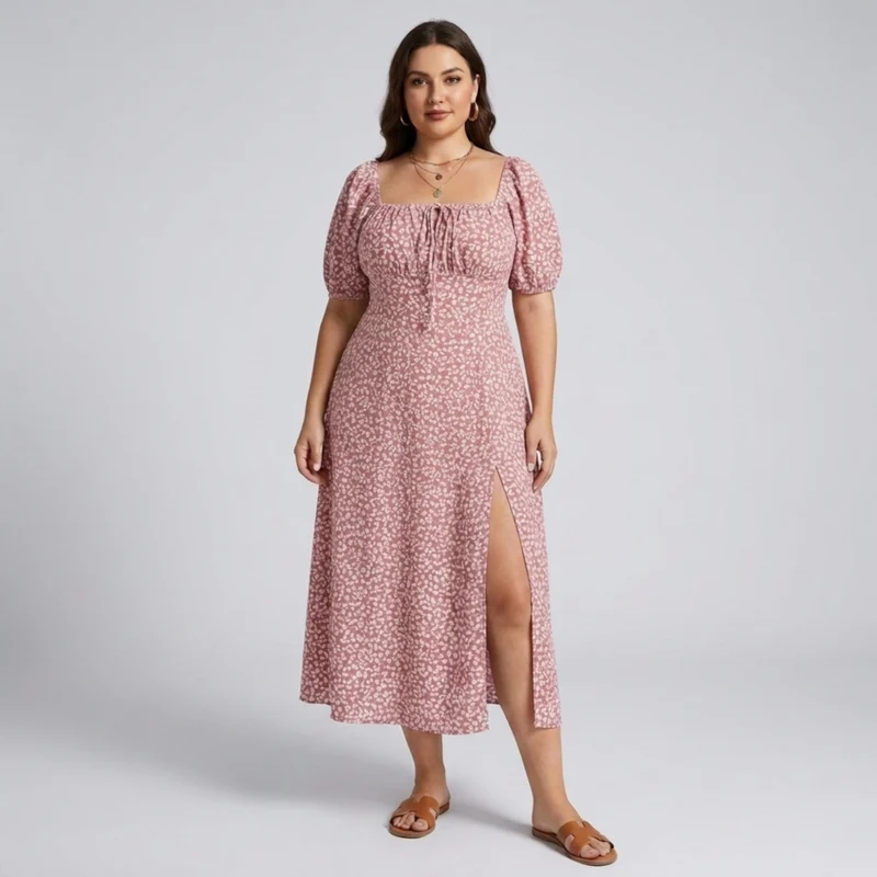 Robe longue grande taille à manches bouffantes imprimée