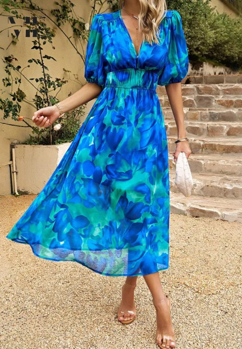 Robe imprimée pour femme - modèle évasé mi-long avec taille élastique - cocktail