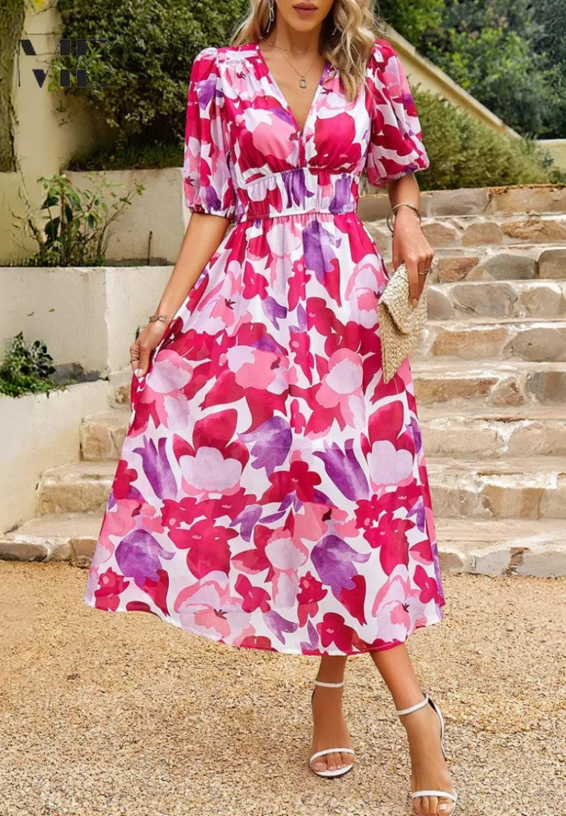Robe imprimée pour femme - modèle évasé mi-long avec taille élastique - cocktail