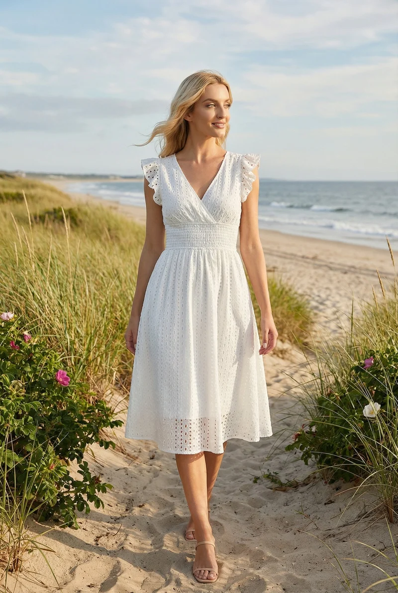 Vêtement mi-long pour femme - robe trapèze ajourée à taille smockée | vacances
