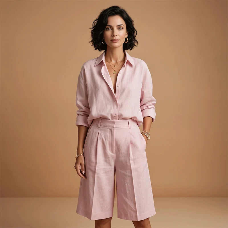 Parure chemise et pantalon court femme - ensemble plissé avec poches | vacances