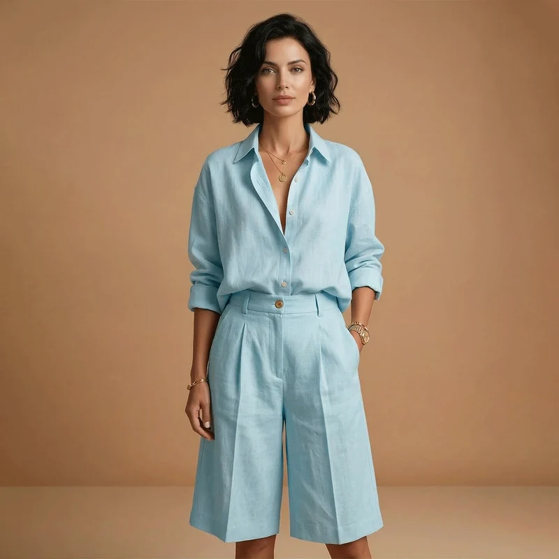 Parure chemise et pantalon court femme - ensemble plissé avec poches | vacances