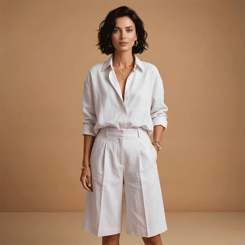 Parure chemise et pantalon court femme - ensemble plissé avec poches | vacances
