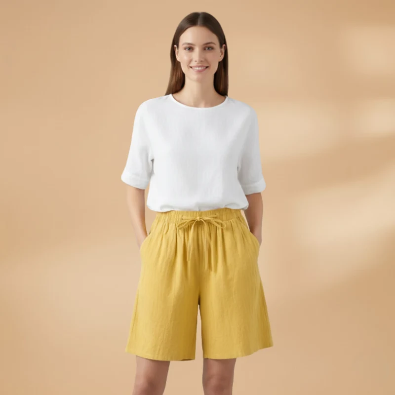 Short au genou femme — pantalon court large à taille froncée | vacances