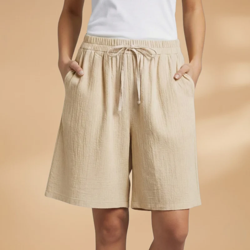 Short au genou femme — pantalon court large à taille froncée | vacances