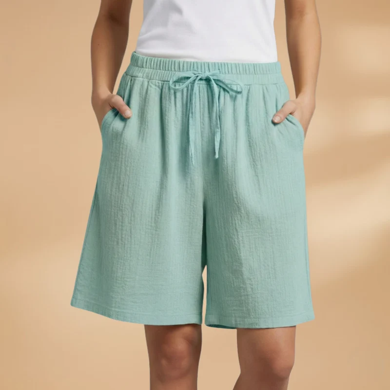 Short au genou femme — pantalon court large à taille froncée | vacances