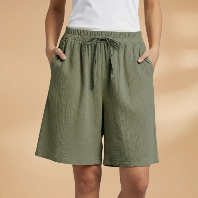 Short au genou femme — pantalon court large à taille froncée | vacances