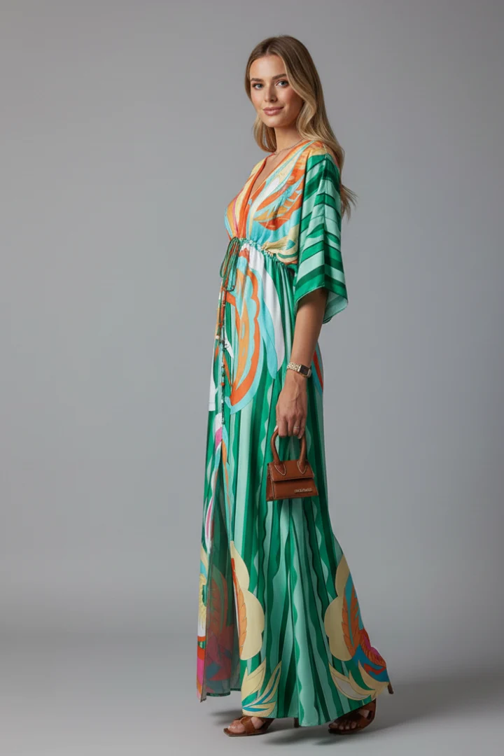 Robe longue pour femme — coupe ample imprimée avec cordon de serrage | vacances