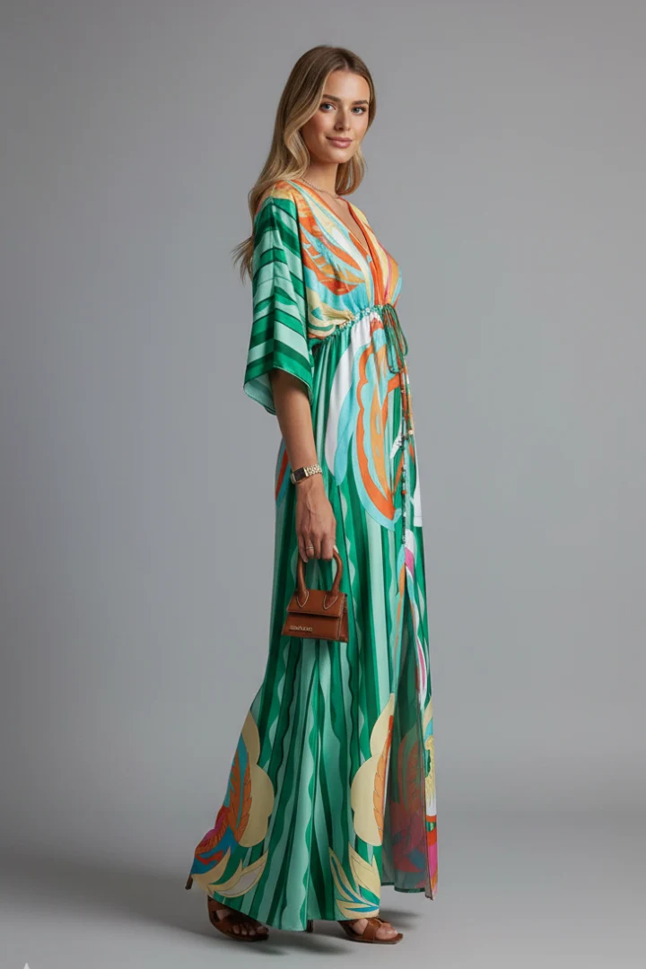 Robe longue pour femme — coupe ample imprimée avec cordon de serrage | vacances