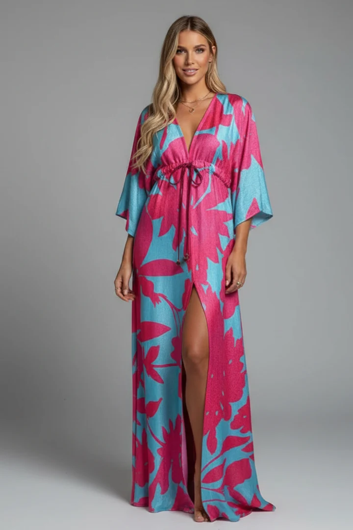 Robe longue pour femme — coupe ample imprimée avec cordon de serrage | vacances